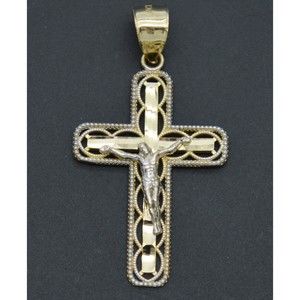 Real Solid 10K Yellow Gold Jesus Cross Oval Diamond Cut Pendant 2.0gr